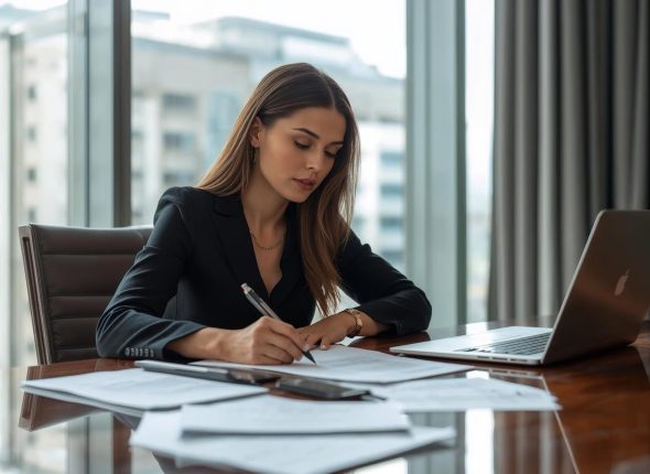 elegancka biała kobieta, businesswoman siedzi przy biurku i wypełnia kartki papieru długopisem, na biurku leży laptop i kartki, jest w biurze, widok z profilu, w tle okno biurowca